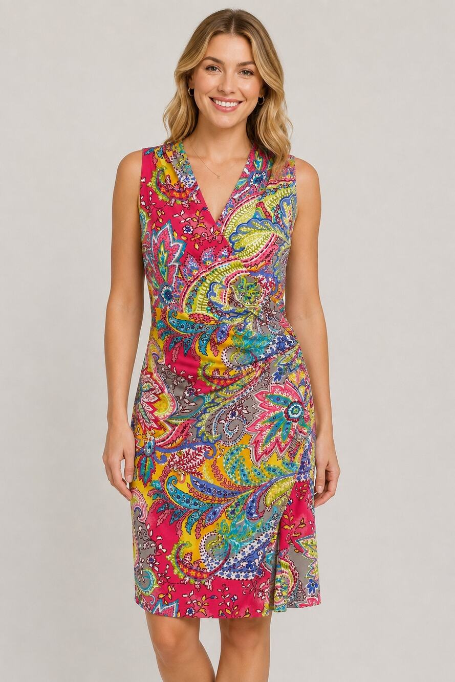 Lauren Ralph Lauren Paisley Faux Wrap Sleeveless Ruched Dress Womens Size 12